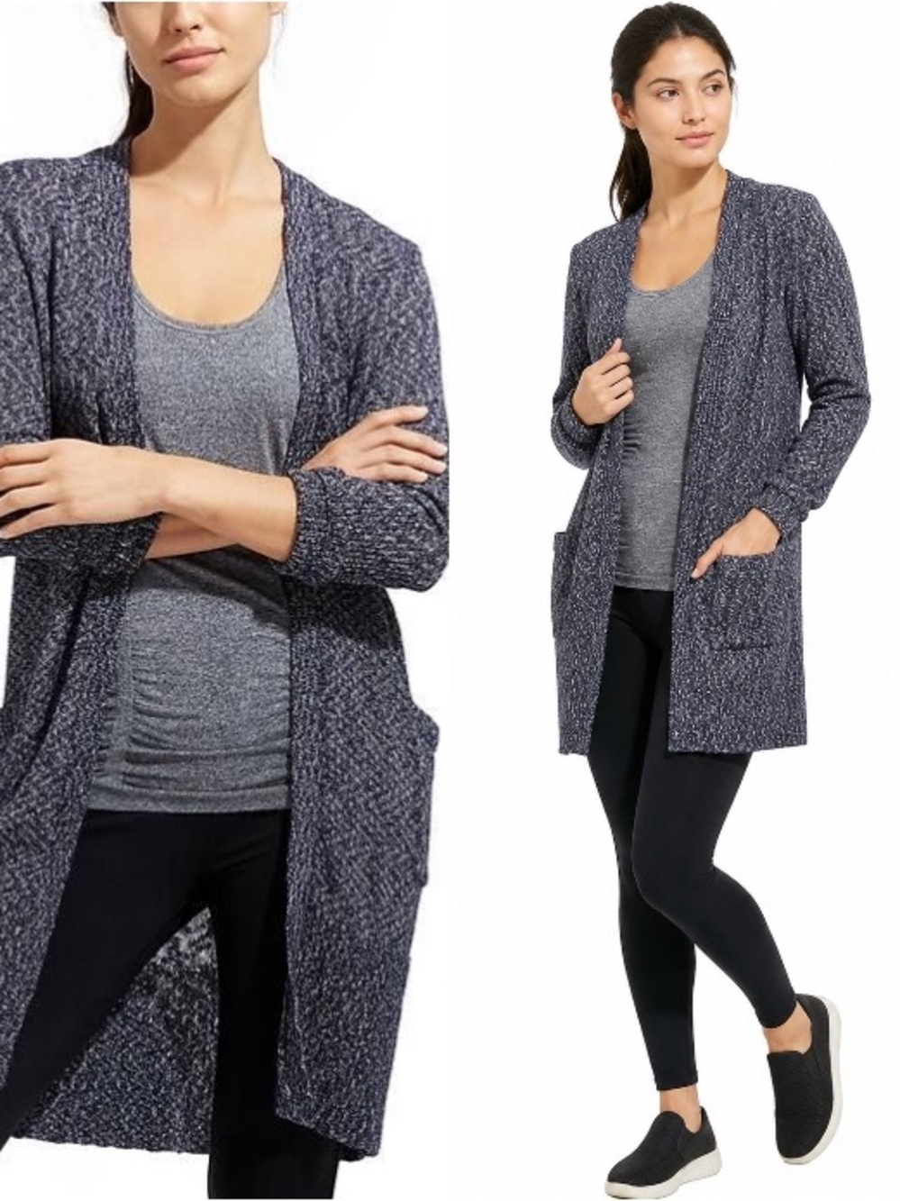 Athleta Weekend Wrap Cardigan XS Navy Gray Marled Long Open Front Duster